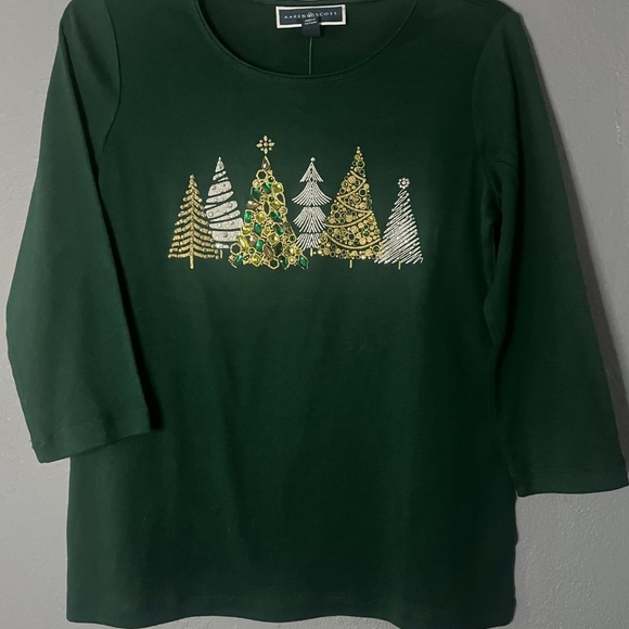 Karen Scott Whimsy Tee Women’s Petite Medium Spruce Night Christmas Trees Stones - Picture 2 of 10